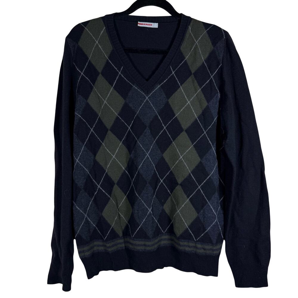 Prada Black Argyle wool v-nek Long Sleeve Sweater sz 54